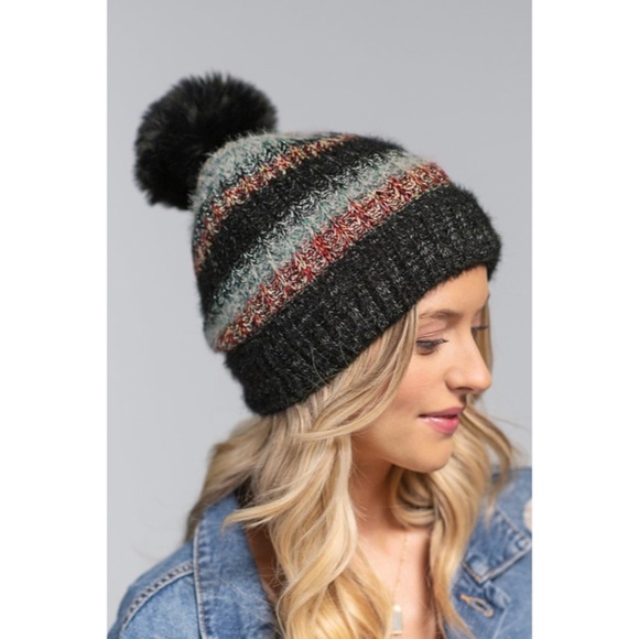 Accessories - SOLD OUT Colorado Metallic Striped Sherpa Lined Faux Fur Pompom Knit Beanie Hat